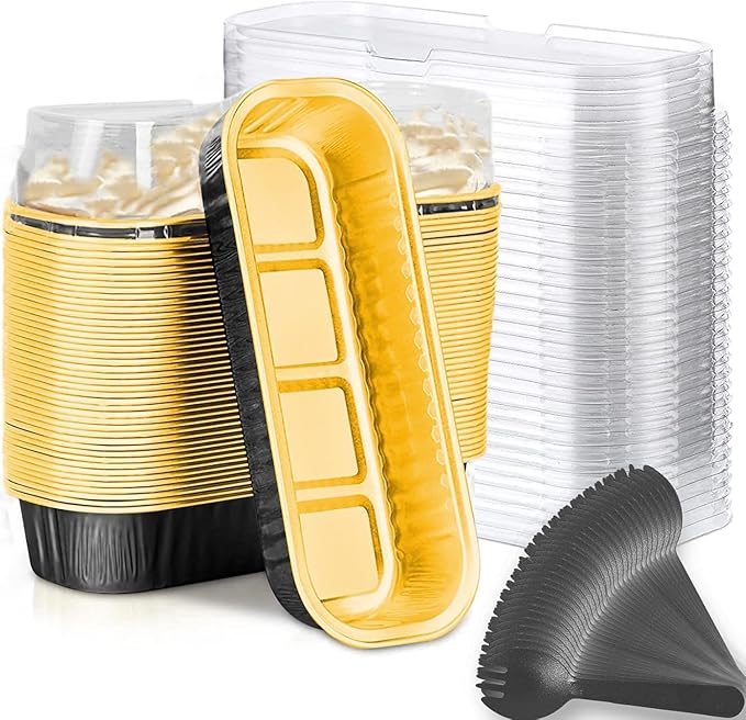 Findful Mini Loaf Baking Pans with Lids and Spoons (50 Pack, 6.8oz) Rectangle Aluminum Foil Baking Pans Tins Containers - Cupcake Containers Wrappers Cheesecake Creme Brulee Ramekins