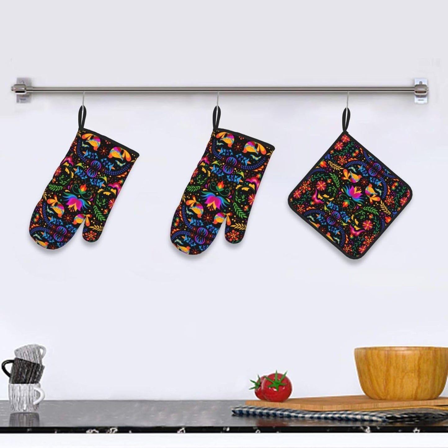 Mexican Floral Oven Mitts and Pot Holders Sets of 3 Heat Resistant Mexican Flower Hot Pads Oven Gloves for Kitchen Cooking BBQ Baking, Black