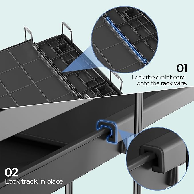 Large Dish Drying Rack, Expandable Dish Rack for Kitchen Counter, Dish Drainer with Drainboard Set, Multifunctional Dishrack with Utensil & Cup Holder, 13.4"-28.7" L x 11.8" W x 9.3" H, Black