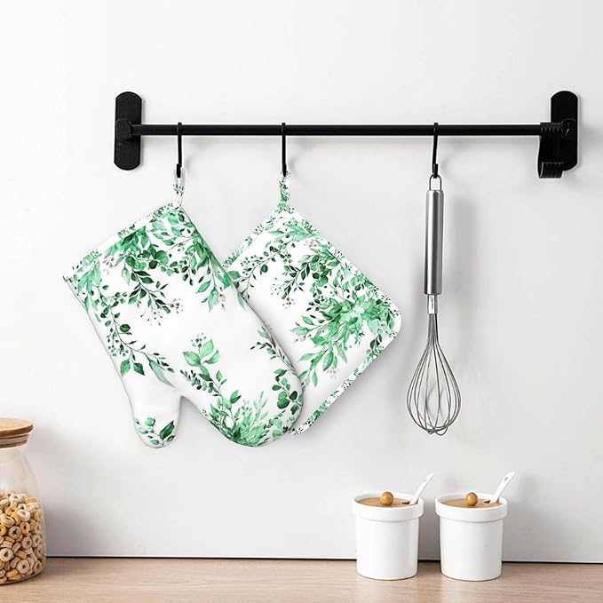 Green Eucalyptus Oven Mitts and Pot Holders Set, 4pcs Silicone Watercolor Plant Leaves with Floral Oven Glove for Kitchen Heat Resistant Oven Mitts and Potholders Non-Slip for Cooking