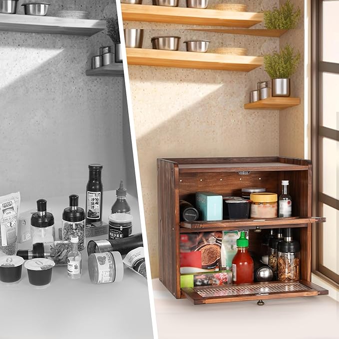 Sunhoo Bread Box for Kitchen Countertop Wooden Bread Storage Container Bin 2 Layer Breadbox Holder Large Capacity Keeper Vintage Farmhouse Food Organizer Pantry Shelf Acrylic Window(Black)