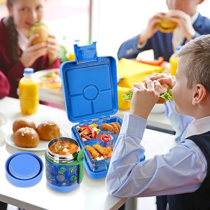 Pawtong Bento Lunch Box Set With 10oz Soup Thermo, Leak-proof Lunch Containers with 4 Compartment, Kids Hot Thermo Food Jar/Insulation Lunch Bag, Food Containers for School(Dinosaur)
