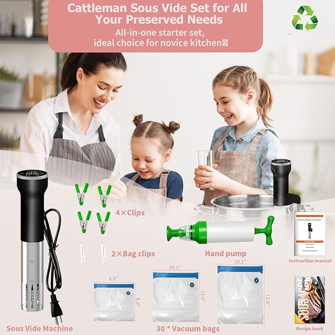 CATTLEMAN Sous Vide Cooker WiFi Kit, 1000W, Waterproof, Sous Vide Machine, Immersion Circulators for Suvee Cooker Kit with Vacuum Bags, Vacuum Pump, Precision Temperature Timer, Noise-free