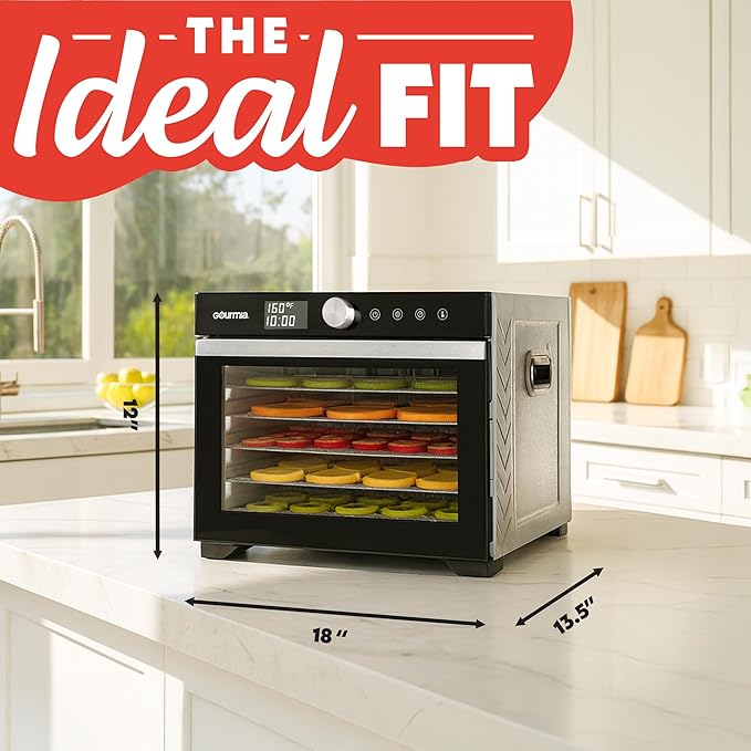 Gourmia Digital Food Dehydrator – 6 Stainless Steel Trays, 360° Airflow, One-Touch Presets, Adjustable Temp 95–165°F, Timer, Glass Door, Quiet Operation, 600W – Healthy Snacks, Jerky, Fruits & More