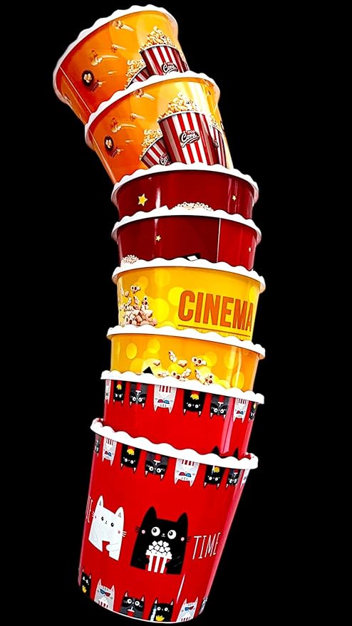 Modern Style Reusable Plastic Popcorn Box/Popcorn Containers/Popcorn Bowls Set for Movie Theater Night - (BPA Free - 8 Pack - 75 oz) (Popcorn Mix Z)