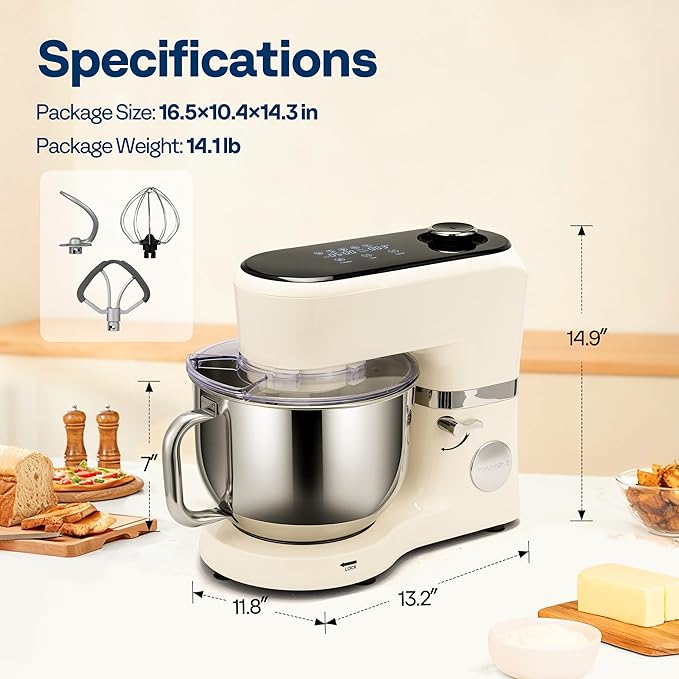VIVOHOME Stand Mixer with Fermentation, One-Touch Presets Electric Dough Mixer with 6 Qt Bowl, Kitchen Standing Mixer for Baking, Cake with Flex Edge Beater, Bread Hook, Whisk, White