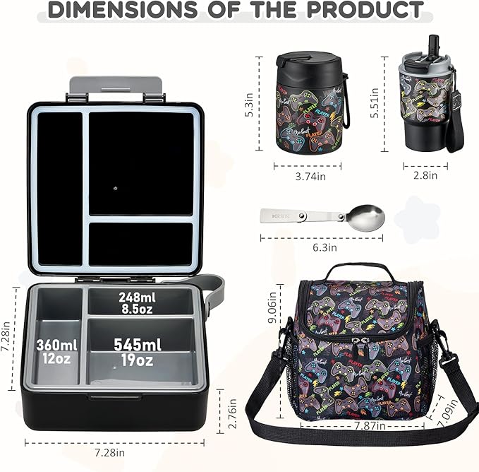 Pawtong Lunch Box Set with Bento Box Container, 17OZ Stainless Steel Food Soup Thermo, Kids Water Bottle & Portable Insulated Lunch Bag – Leakproof, Hot/Cold Retention for School, Travel (Black-Game)