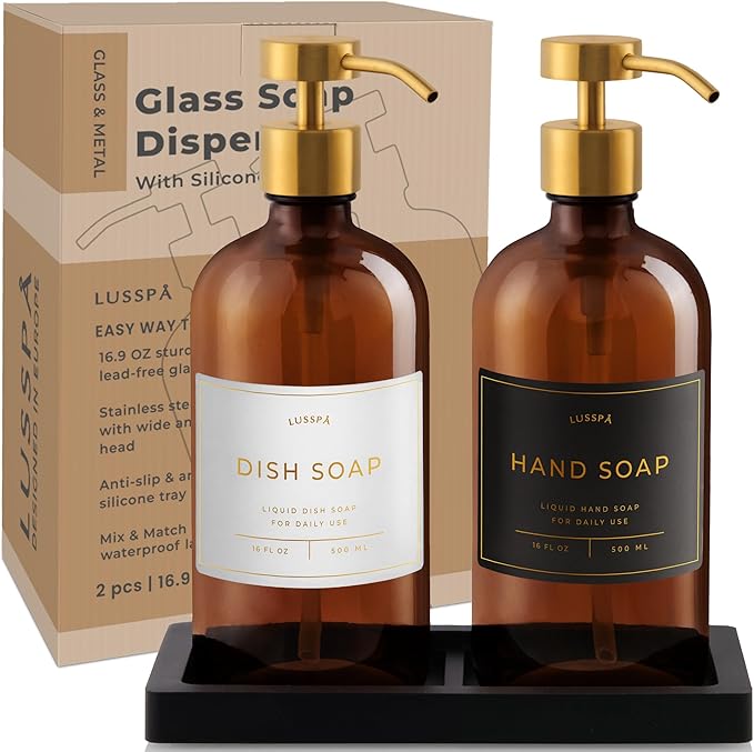 Glass Soap Dispenser Set of 2 (Amber) with Silicone Tray | Hand and Dish Soap Dispenser for Kitchen and Bathroom | 16.8 Oz Glass Bottles with Stainless Steel Pump & 15 Waterproof Labels (Amber/Gold)