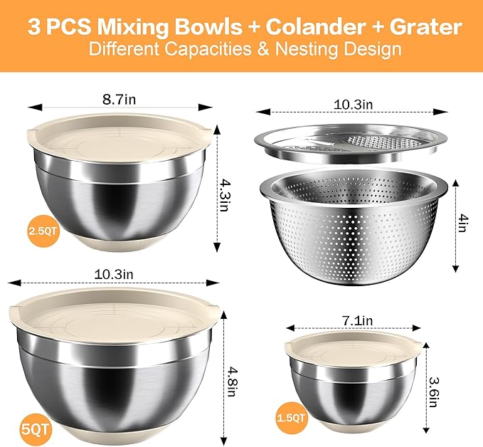 Nicdiet Mixing Bowls with Airtight Lids, Stainless Steel Mixing Bowl Set with 3 Metal Nesting Bowls, Colander & Grater, Non-Slip Bottoms, Size 1.5, 2.5, 5 QT, Great for Mixing & Serving, Khaki