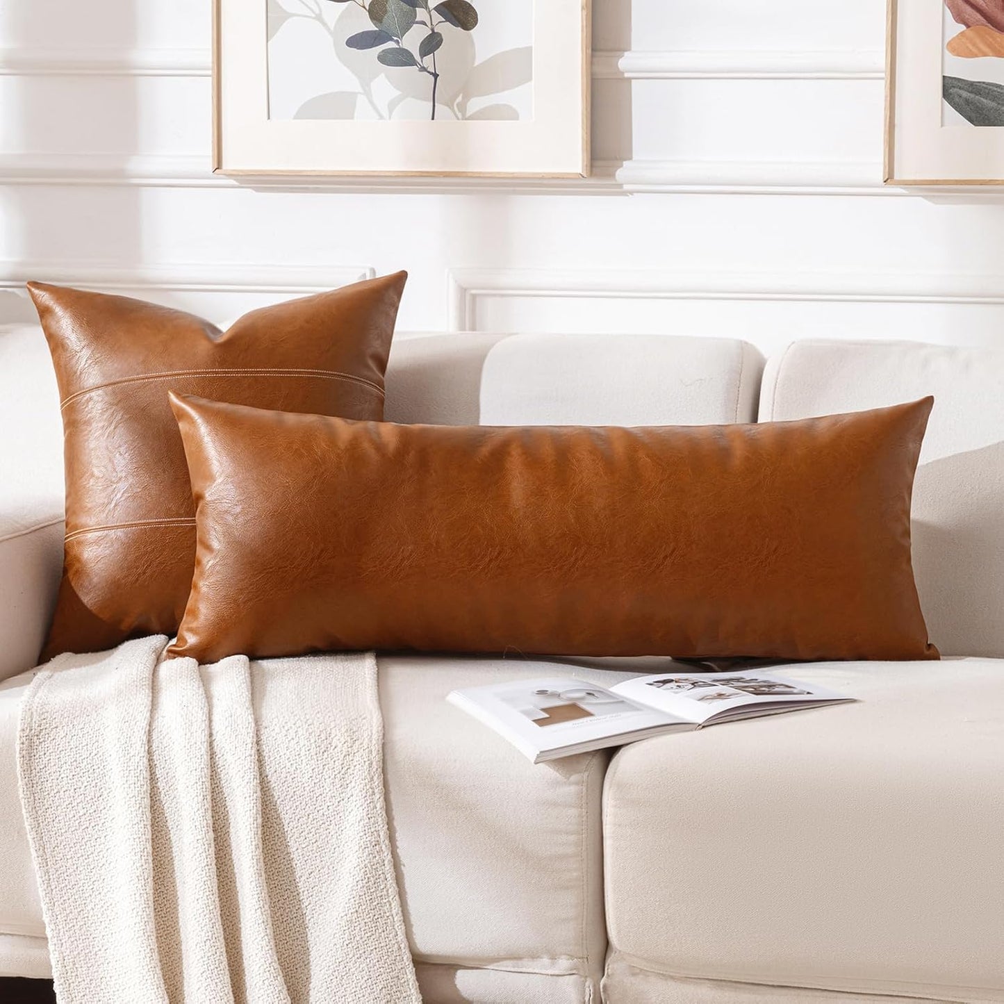 Fancy Homi Brown Boho Long Lumbar Faux Leather Body Decorative Throw Pillow Cover 14x36 Inch for Bedroom Couch Bed Bench, Thick Stylish Solid Rectangle Pillowcase, Rustic Modern Farmhouse Room Decor