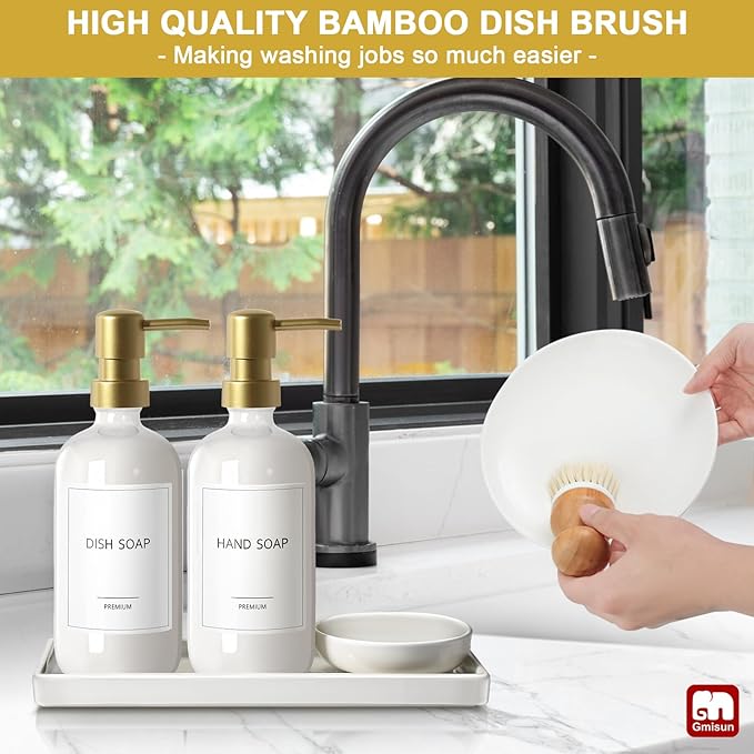 GMISUN Kitchen Soap Dispenser, 16 Oz Kitchen Dish Soap Dispenser Set with Ceramic Tray & Bamboo Brush, 2Pcs Farmhouse Dish Soap Dispenser for Kitchen, Modern White Glass Liquid Hand Soap Dispenser
