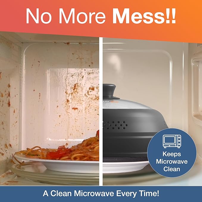 Mikro Innovations Glass & Silicone Microwave Splatter Cover – Tall and Collapsible Design that fits 6-10.5in Plates and Bowls - Space Saving, BPA Free & Dishwasher Safe (1, Black, large)