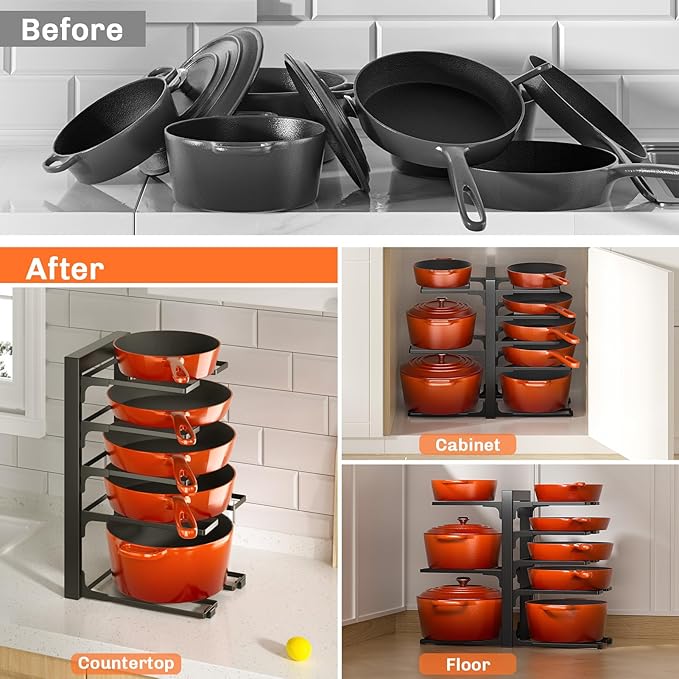 MUDEELA Pots and Pans Organizer Rack under Cabinet 8-Tiers Adjustable Heavy Duty 120LBS Pot and Pan Organizer inside Cabinet for Kitchen Organizer Cast-iron Pans, Heavy Skillets Griddles, Shallow Pots