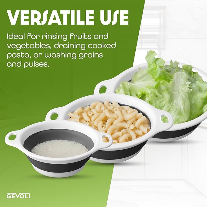 Collapsible Colanders (3 Pack Set) Food Strainers with Over-Sink Water Draining Base for Pasta Fruits and Vegetables (Patent Pending) White (3 Sizes, 3QT, 4QT and 5 Quart)