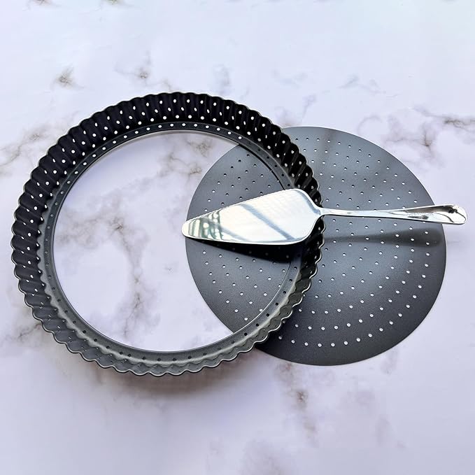 9 Inch Perforated Quiche Pan for Crispy Crust w/Cake Server. Removable Bottom, Non-Stick Coating, Rugged Carbon Steel Dish for Tart Quiche Pie Baking. Gift for Christmas Thanksgiving Party