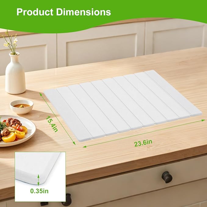 Stone Dish Drying Mat for Kitchen Counter, Diatomaceous Earth Water Absorbing Mat, Foldable and Super Absorbent Dish Drying Stone Mat for Dishes Bottles Cups, Match Any Countertop -White
