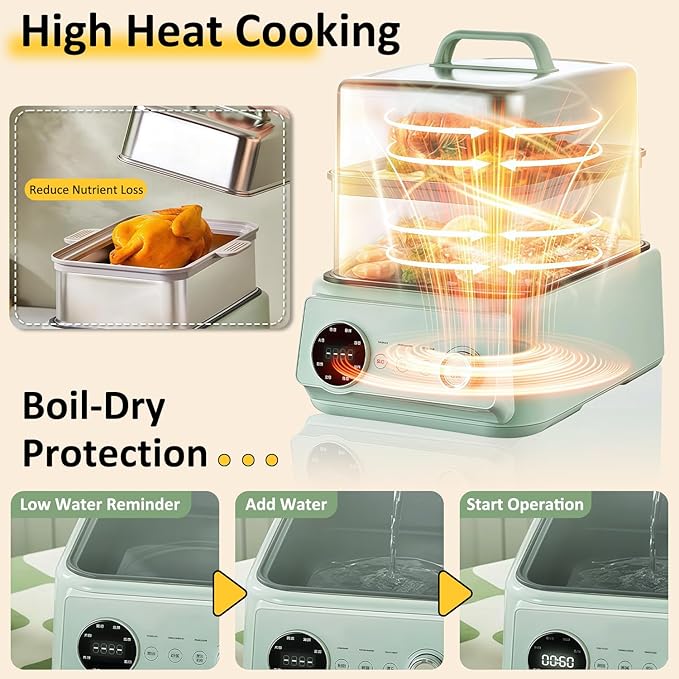 15.9QT Electric Food Steamer, 3 Tier Food Steamer for Cooking, 1200W Stainless Steel Steamer, Large Capacity Hot Pot, 9 Time Settings, for Home, Restaurant, Party (Green)