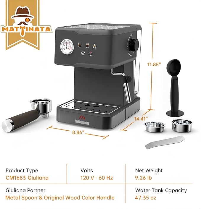 MAttinata Espresso Machine 20 Bar, Espresso Coffee Maker with Professional Milk Frother Steam Wand for Cappuccino & Latte, 60oz Removable Water Tank for Home,Stainless Steel