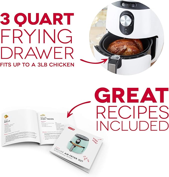 Dash Deluxe Air Fryer -Has AirCrisp® Technology - Adjustable Temperature Control & Auto Shut-Off Feature - Compact Nonstick Basket - 3 Quarts - White