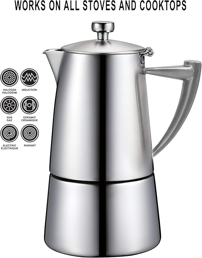 CUISINOX Roma Satin Stainless Steel Moka Pot Stovetop Espresso Maker, 10-Cup