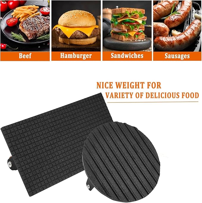 4PCS Griddle Accessories Set, Round & Rectangle Heavy Duty Grill Press, Cast Iron Press Griddle with Wooden Handle for Blackstone, Griddle Spatula, Spice Dredge Shaker