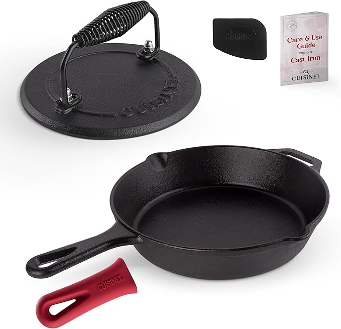 Cuisinel Cast Iron Skillet + Grill Press + Scraper Set - 10"-inch Pre-Seasoned Frying Pan + Silicone Handle Grip - 7" Round Burger Smasher - Indoor/Outdoor, Grill, Kitchen Cookware. PFAS and PFOA-free