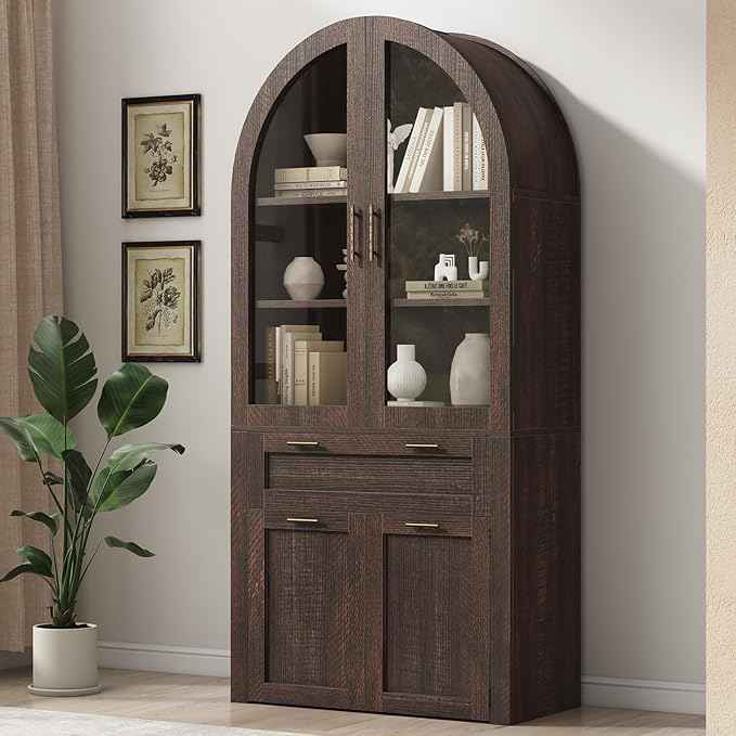 Itaar 71" Arched Kitchen Pantry Cabinet, Kitchen Storage Cabinets with 1 Large Drawer & Storage Cart 2 Tier & Door Shelves for Living Room, Dining Room, Brown