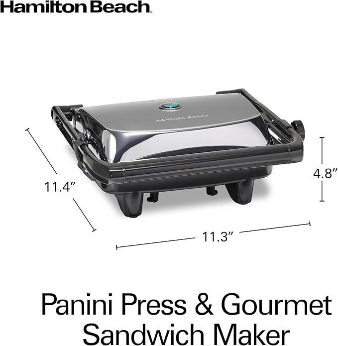 Hamilton Beach Panini Press Sandwich Maker & Electric Indoor Grill with Locking Lid, Opens Wide to Fit Any Thickness for Quesadillas, Burgers & More, Nonstick 8" x 10" Grids, Chrome (25460MNA)