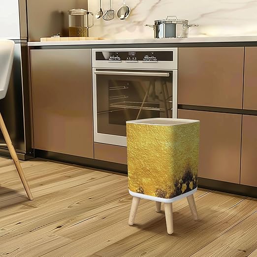 Small Trash Can with Lid Gold texture for cover cards flyers poster Bronze paint Stone backdrop Wastebasket with Press Cover Dog Proof Garbage Can Waste Bin for Kitchen Bathroom Nursery 2.6 Gallon