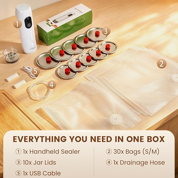 Electric Handheld Vacuum Sealer for Food: 41-PC Kit with 30 Reusable Bags & 10 Mason Jar Valve Lids, Portable Cordless Vacuum Sealer Machine for Kitchen, Meal Prep, RV Camping & Sous Vide