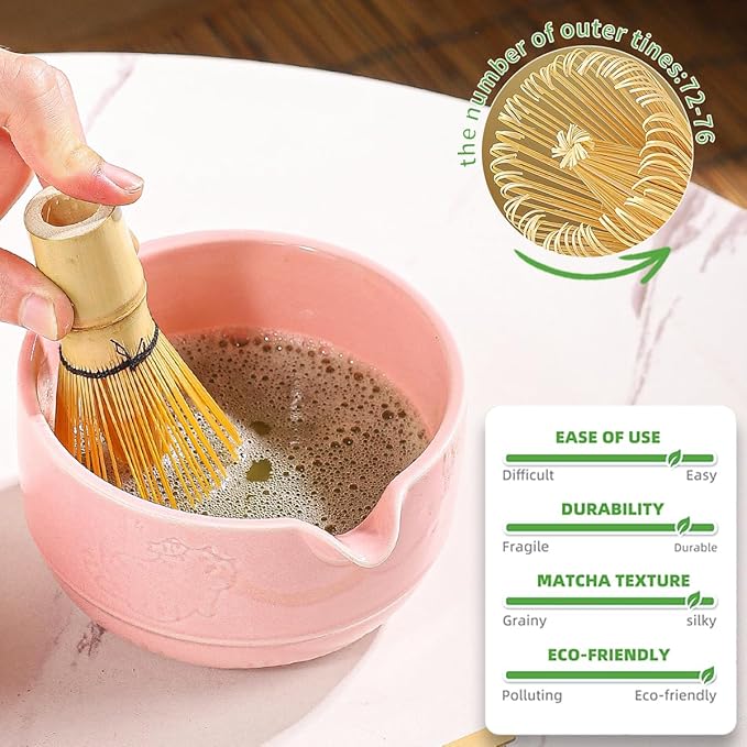 Matcha Tea Set, 5-Piece Ceramic Matcha Bowl & Whisk Kit with Cute Cat Pattern, Traditional Japanese Chawan, Scoop & Sifter, Perfect for Tea Ceremony, Gift for & Tea Lovers (pink)