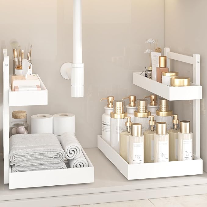 Under Sink Organizer - 1-Tier Pull Out Cabinet Organizer Vertical Slide Out Sink Shelf Storage Shelves for Multi-Purpose Bath Kitchen Bathroom Medicine (White, 2 Packs)