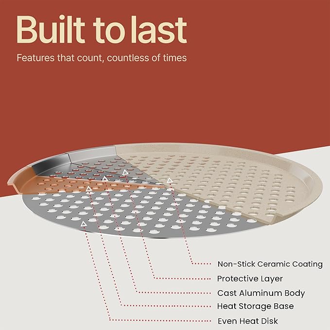 Bakken Pizza Baking Pan - Round Perforated Carbon Steel Pan with Non-Stick Marble Coating, Oversized Silicone Handle, Dishwasher Safe, High-Temperature Resistant, Durable & Easy Cleanup White, 1 Pack