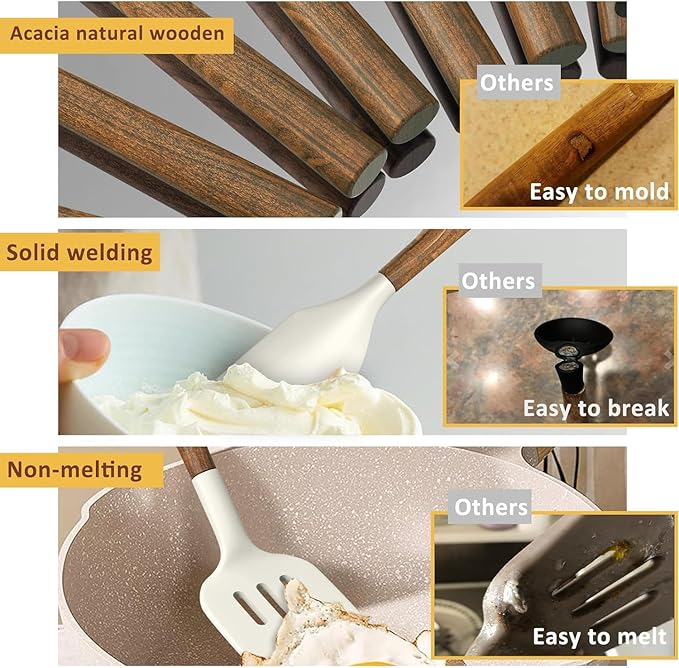 Non-Stick Silicone Kitchen Utensils Set with Natural Acacia Hard Wood Handle, Umite Chef 8 Pieces Kitchen Spatulas set, White, BPA Free, Baking, Serving and Cooking Utensils