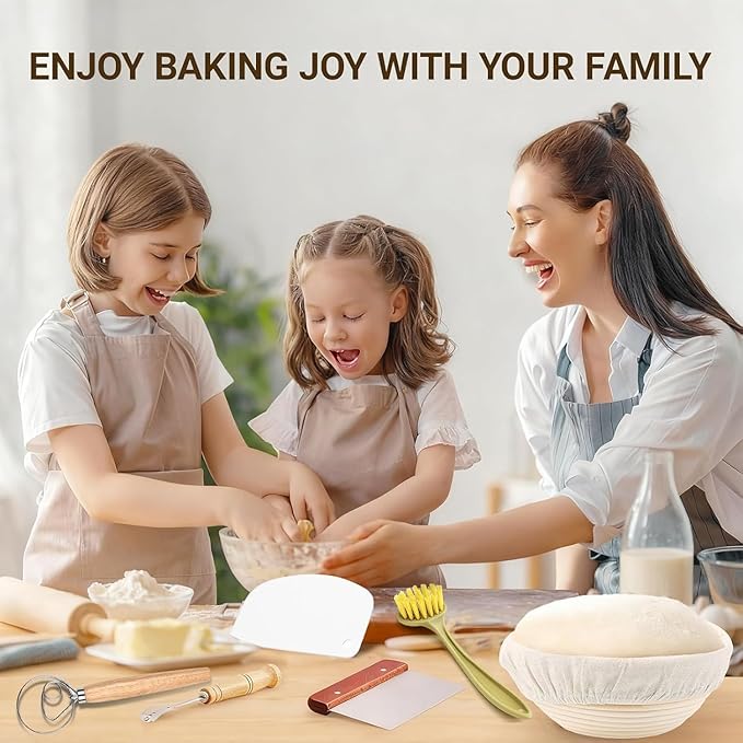 9 Inch Round Sourdough Proofing Basket, 7-Piece Complete Starter Kit with Linen Liner & Baking Tools, Bread Baking Supplies & Accessories Gift Set, Local Warehouse Shipment (1 Pack)