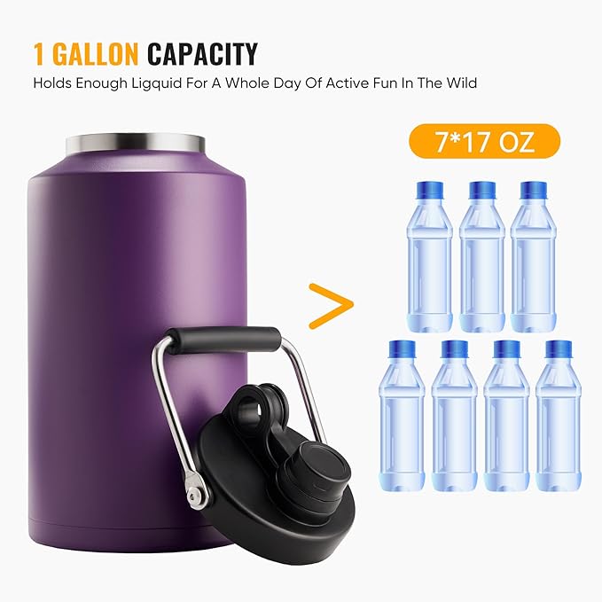 Kerilyn Insulated Gallon Jug with Handle, One Gallon, 128oz Stainless Steel, Large Double Vacuum Water Bottle for Hot & Cold Drinks, Wide Mouth, Sweat Proof, Great for Travel, Camping, Dark Purple