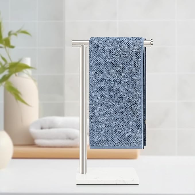 Hand Towel Holder, Hand Towel Stand for Bathroom with Marble Base, 304 Stainless Steel L Shape Hand Towel Rack Bar Standing for Vanity Kitchen Countertop, Brushed Nickel