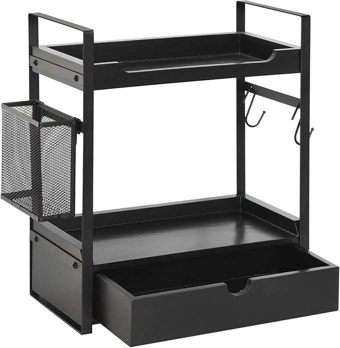 Coffee Station Organizer Countertop, Wooden Coffee Bar Accessories Organizer with Basket, 2 Mug Holder Hooks and Pod Drawer, Multifunctional 2 Tier Countertop Organizer for Kitchen, Bathroom, Office