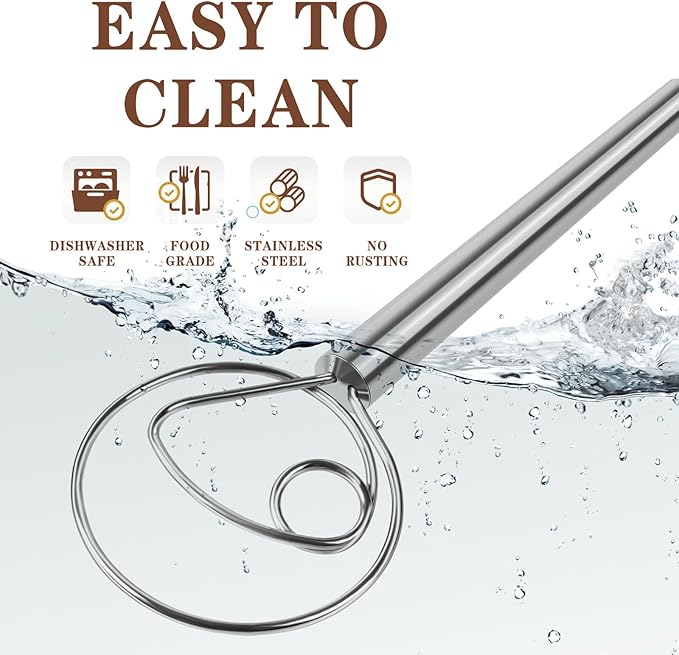 TEEVEA Danish Dough Whisk Stainless Steel Hook Dutch Bread Mixer for Sourdough Baking Tools