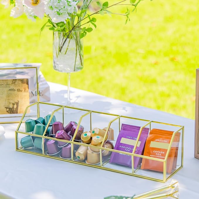 NCYP Glass Tea Bags Organizer with 5 Slots Compartments, Indoor Counter Top Display Case, Storage Box without Lid, Gold Teabag Storage Rack, Decor, 14.5 x 3. 6 x 3.6 Inches (Glass Box Only)