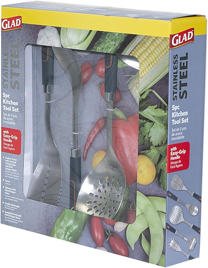 Glad Stainless Steel Utensils Set 5pc - Metal Kitchen Cooking Tools with Non-Slip Handles, High Heat Resistant for Cast Iron Cookware,Grey