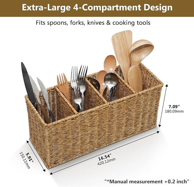 Extra Large Kitchen Utensil Holder with 4 Compartments, Handwoven Resin Wicker Utensil Caddy, Farmhouse Rustic Flatware Organizer for Countertop, Quick-Dry Storage Basket