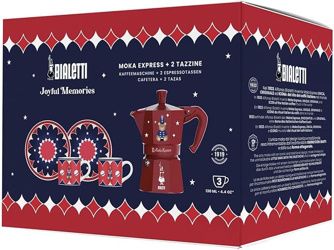 Bialetti Moka Express Iconic Italian Stovetop Espresso Maker (Red/Blue, 3 Cups Set)
