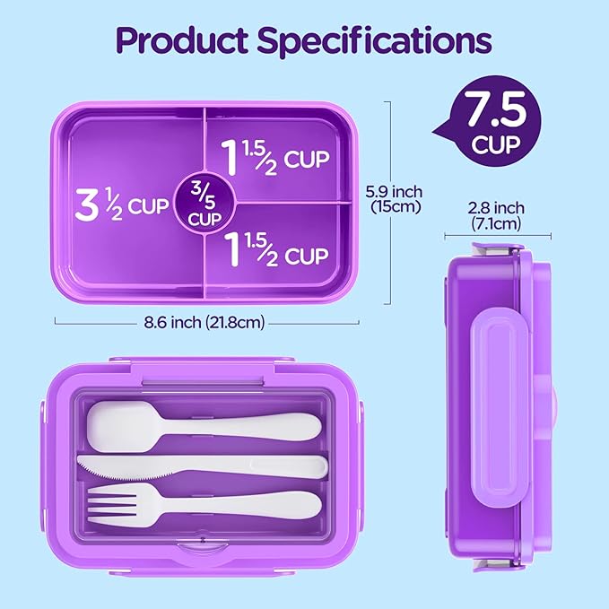 DaCool Lunch Box Kids Bento Box 7.5 Cups with 4-Compartment Leakproof BPA Free Toddler Girls Lunch Containers with Fork Spoon for Meal Snack School Picnic Travel, Microwave Dishwasher Safe, Purple
