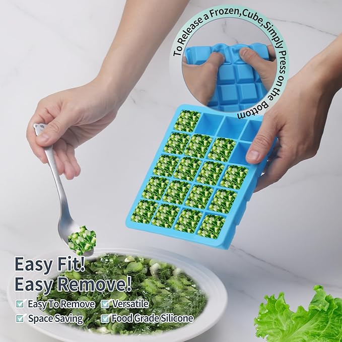 20 Section-0.5oz, Food Grade Silicone Ice Cube Tray Food Container with Airtight Locking Lid, Perfect for Storing Garlic, Herbs, Ginger, Pesto, Tomato Paste, Lemon Juice,Purees and More (Blue 4 Pack)