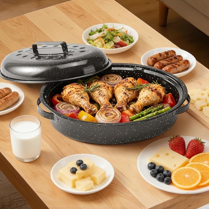 15.4" Roasting Pans for Ovens Porcelain Enameled Steel Oval Roaster Pan with Domed Lid for Turkey, Chicken, Vegetable, Lamb, Sourdough Bread