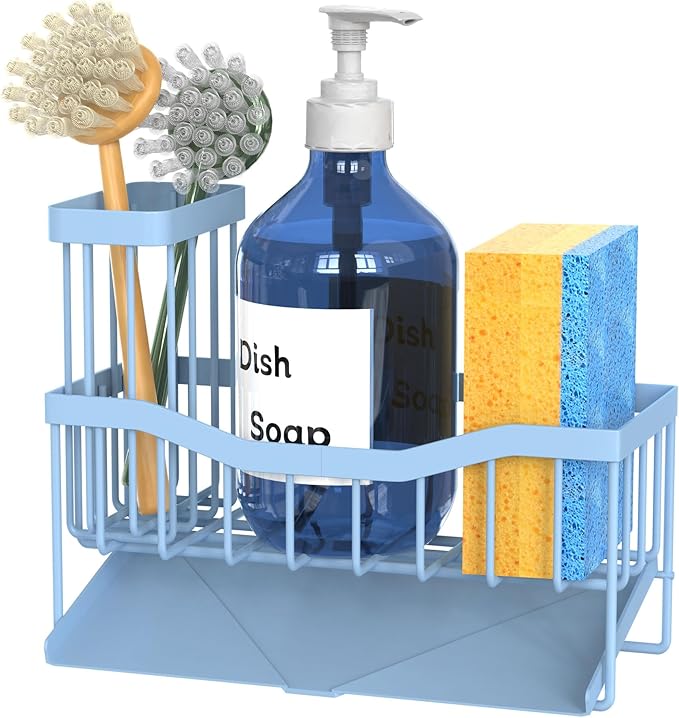 Maifan Sink Caddy Sponge Holder for Kitchen with Brush Holder and Stainless Steel Self Drain Tray, Rustproof Kitchen Sink Organizer for Sponge, Soap Dispenser Storage Accessories