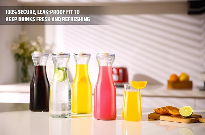 Set of 4 Glass Carafes with Flip Top Lids (40 Oz) – Clear Glass Water Pitchers and Beverage Serveware for Mimosa Bars, Brunch, Parties, Wine, Juice, Milk, Iced Tea, and Lemonade with Easy-Pour Spout