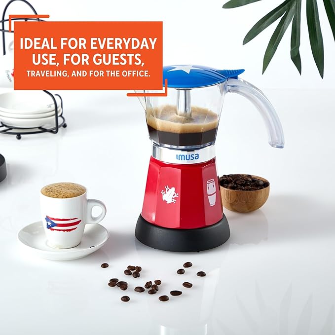 IMUSA Puerto Rico Boricua Flag Espresso Maker 6 Cup or 3 Cup | Limited Edition Moka Pot Coffee Maker | Cast Aluminum & Tritan Stovetop Espresso Machine | Traditional Puerto Rican Boricua Coffee Pot