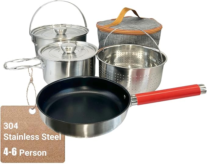 Camping Cookware Set 304 Stainless Steel Cooking Pots Pan Set with Travel Tote Bag for Camping Outdoor Kitchen Cooking Picnic for 4-6